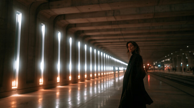 Elegant Woman in Black Coat Walking in Modern Subway Station