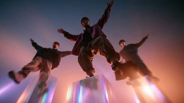 Urban Dancers Performing on Glowing Pedestals in Studio