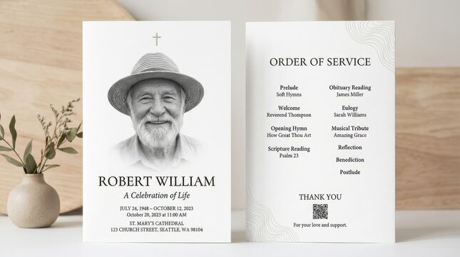 Elegant Minimalist Funeral Program Template with Portrait of Elderly Man for Celebration of Life Service