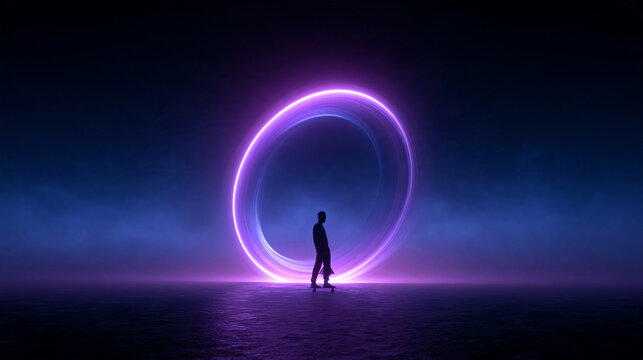 Silhouette Standing Near Glowing Neon Portal at Night