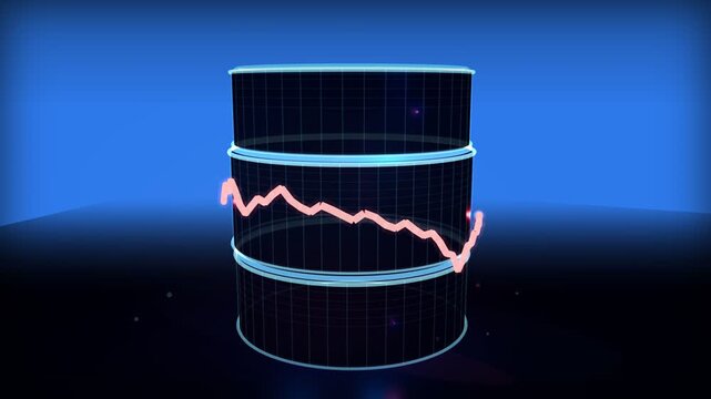 Digital database server, glowing neon blue wireframe animation with light streak effect, high tech information storage system, dark futuristic background, perfect for enterprise technology marketing.