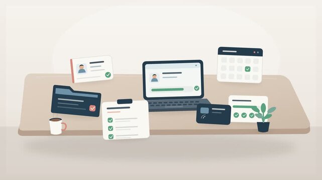 Digital Workspace Animation, minimalist flat design floating interface elements, business productivity folder browser icons keyboard coffee plant, neutral office desk background, marketing media