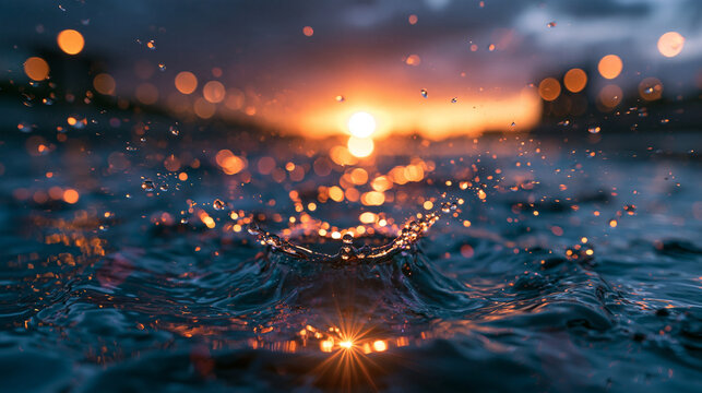 Water Splash and Droplets on Surface at Sunset