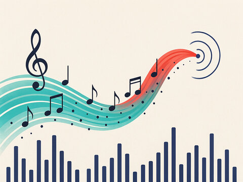 Colorful music notes transforming into sound waves with piano keys