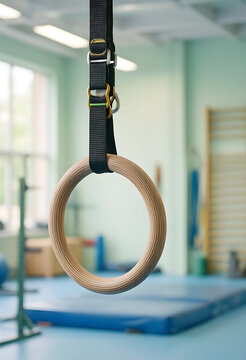 Fitness and strength training, gymnastic rings hanging in a gym for functional workout and athletic conditioning in a sports facility