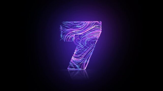 Abstract numbers animation with glowing neon light trails. Different numerals smoothly transform into one another. Bright fiber-like light trails create a dynamic 3D countdown sequence.