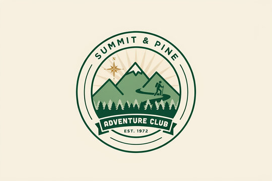 Summit and pine adventure club vintage logo with mountains and pine trees