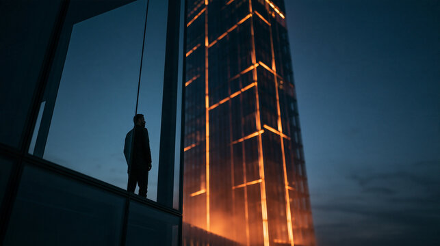 Executive Looking at Illuminated Skyscraper from Modern Office