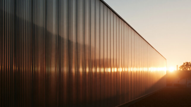Modern Building Facade with Translucent Ribbed Panels at Sunset