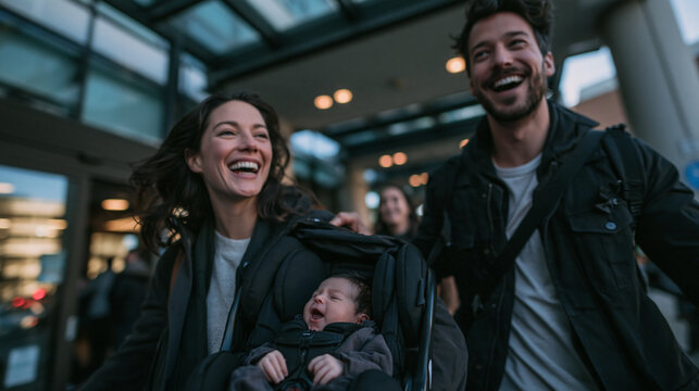 Joyful New Parents Walking with Newborn Baby in Carrier