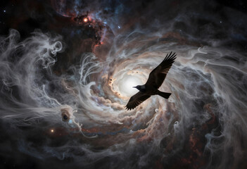 Obraz premium Cosmic exploration and spiritual freedom, black bird flying through a swirling nebula and deep space galaxy with glowing stars and interstellar dust