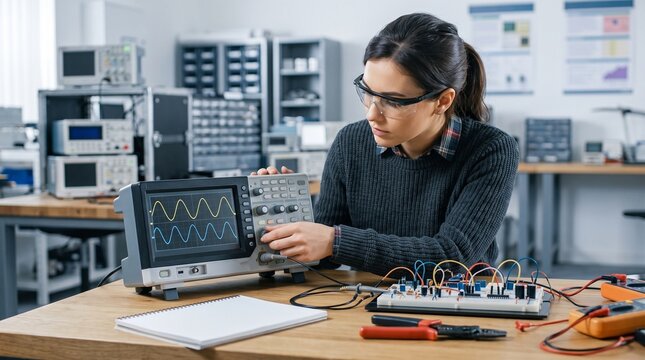 Female engineering student adjusting oscilloscope settings on breadboard circuit project in university laboratory highlighting STEM education and electronic testing