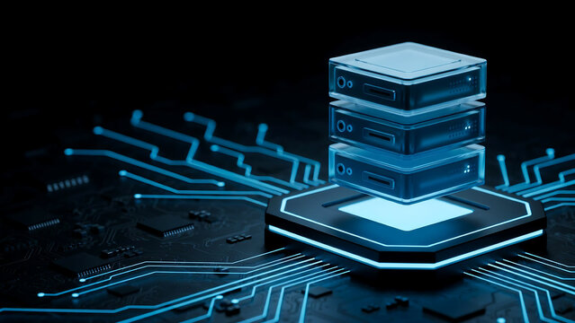 Futuristic 3D Circuit Board with Glowing Blue Neon Chip and Floating Server Stack Illustrating Advanced Technology Processing Power and Digital Innovation Concept