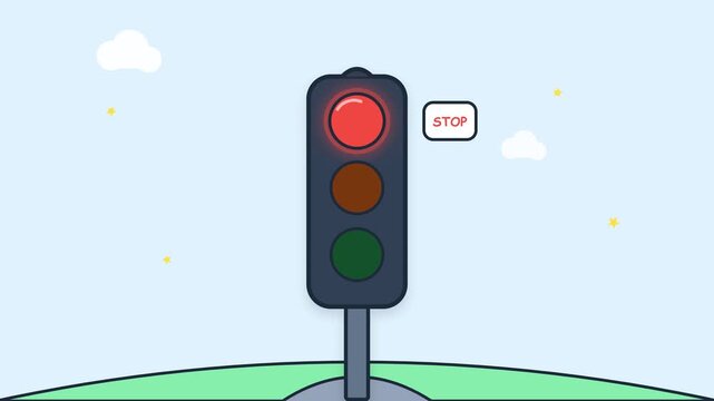 Cartoon traffic light with red stop signal showing stop bubble message on light blue sky and green hills background illustration