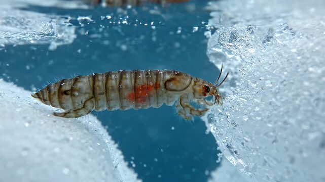 Macro view of amphipod crustacean on melting ice.