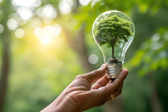 Green energy and renewable energy concept, environmental sustainability, eco friendly technology, global warming solution. Hand holding light bulb with green world globe inside on nature background.