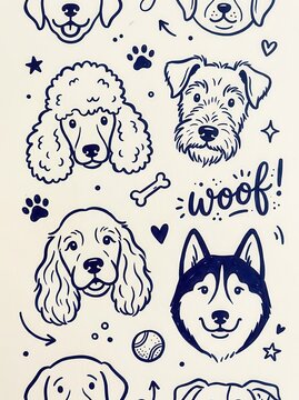 Hand Drawn Dog Breed Faces Doodle Pattern with Poodle Husky Spaniel and Terrier Illustrations in Blue Ink