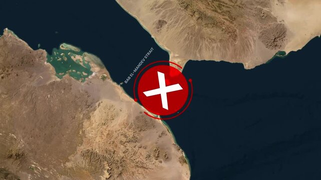 Satellite map showing Bab el-Mandev strait blocked by red cross