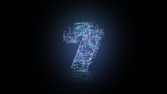Abstract numbers animation with glowing neon light trails. Different numerals smoothly transform into one another. Bright fiber-like light trails create a dynamic 3D countdown sequence.