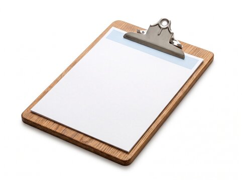 A wooden clipboard with a metal clip holding a blank sheet of paper with a blue header on a plain white background with border holds single