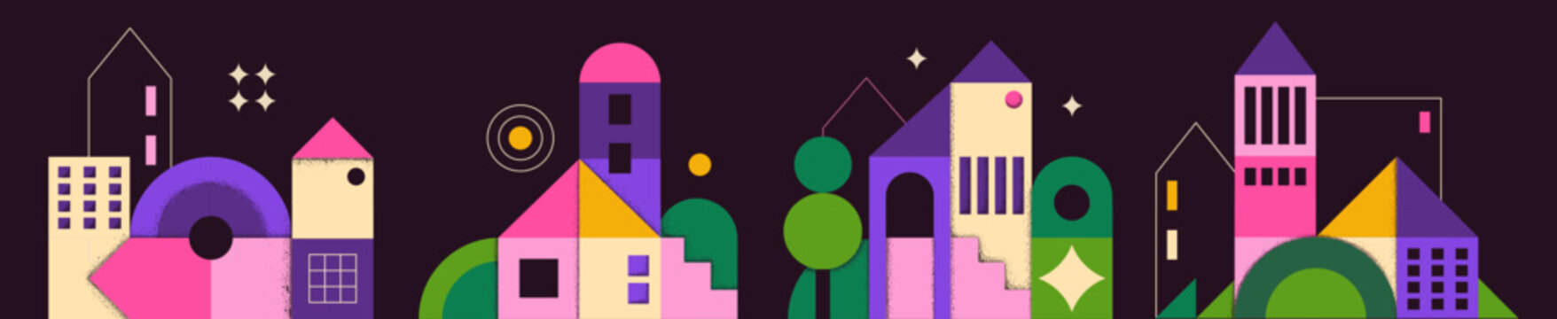 Geometric houses. Abstract city shapes, minimal color kid play poster with modern design. Creative mosaic. Colorful geometric buildings, windows, trees, urban landscape. Vector poster