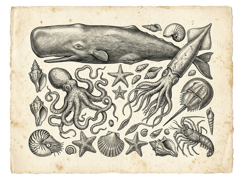 Marine life illustrated in a vintage engraving style featuring a whale octopus squid lobster and various shells on weathered paper