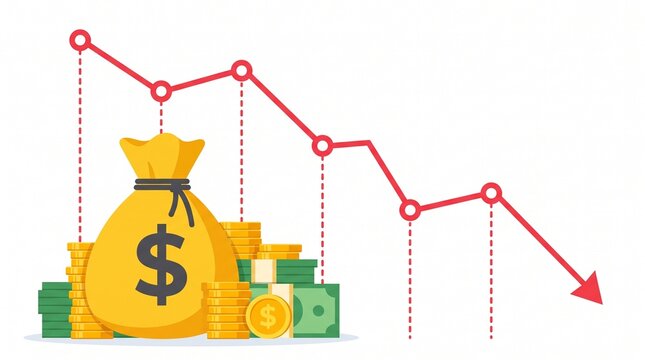 Declining red line chart arrow pointing down next to a money bag and coins, ideal for financial loss, economic recession, stock market crash, and inflation analysis
