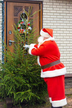 Santa Claus with a Christmas tree at the decorated front door.