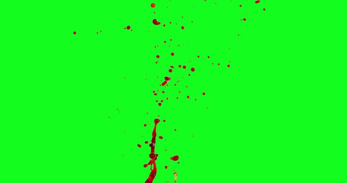 Realistic blood spray and droplets splashing on a chroma key green background. Captured on high speed camera, ideal for horror scenes, VFX work and cinematic overlays.