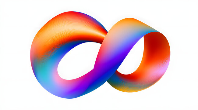 An abstract, gradient-filled mobius strip on a white background. Vibrant, three-dimensional loop with smooth, curving lines, forming a flowing, ribbon-like shape. The design embodies modernity and end