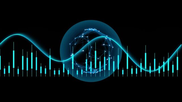 Abstract Neon Blue Financial Stock Market Candlestick Chart and Digital Globe Network Animation on Black Background