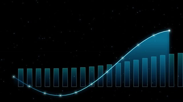 Abstract glowing blue financial chart animation showing digital business growth data graph with wave line on dark background