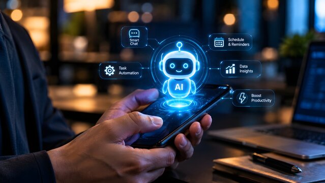 AI chatbot assistant on smartphone screen, businessman using artificial intelligence mobile app for task automation, digital virtual assistant technology
