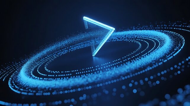 Digital blue glowing arrow centered within a rotating particle ring on a dark background, representing technology and, modern data flow concepts