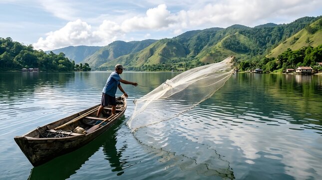 Fisherman casting net in a serene lake with mountains