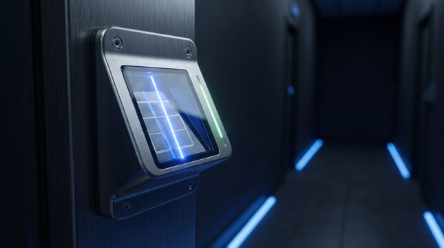 Access control terminal featuring glowing blue interface mounted on dark wall inside modern corridor with glowing floor strips.