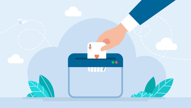 Human hand putting an ace of hearts playing card into a paper shredder representing risk, document destruction, business decision making and losing game concept. Vector illustration.
