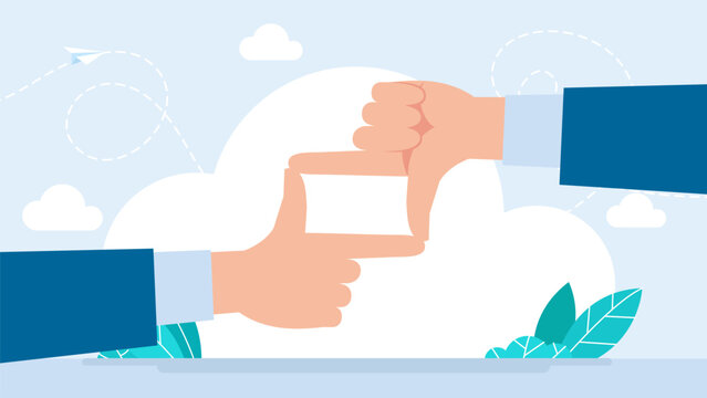 Human hands creating a finger frame gesture representing focus, photography composition, business perspective, boundary, vision and view concept. Vector illustration.