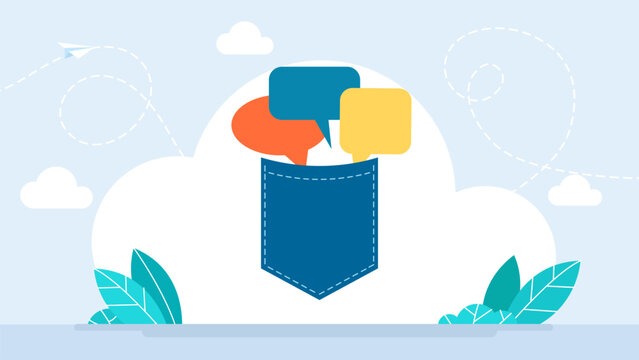 Colorful speech bubbles inside a blue denim pocket representing online chat, social media messaging, feedback and instant communication concept. Vector illustration.