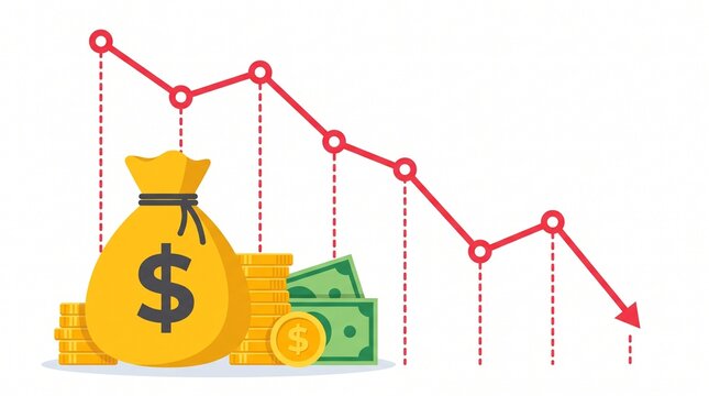 Declining red line chart arrow pointing down next to a money bag and coins, ideal for financial loss, economic recession, stock market crash, and inflation analysis