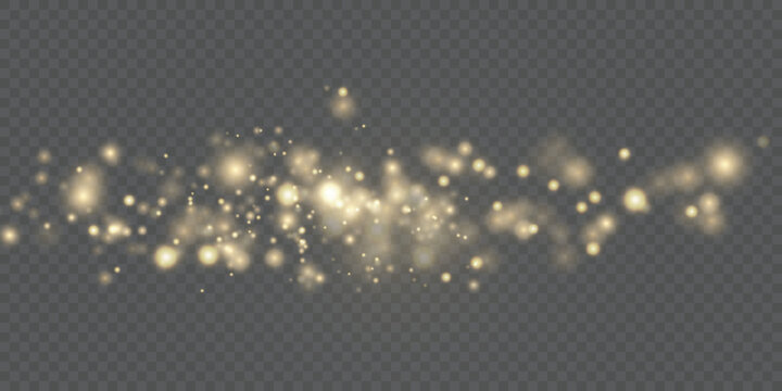 Golden bokeh light particles scattered over a black and transparent background with a soft glowing effect on transparent background