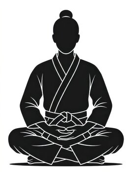 Black Silhouette of a Martial Artist Sitting in Meditation Pose, Zen Karate Master Vector Illustration on White Background