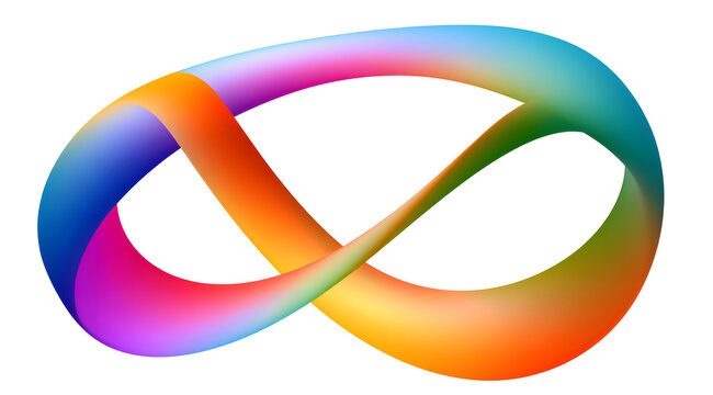 An abstract, multicolored gradient mobius strip on a white background. A vibrant, three-dimensional loop with smooth curves and twisting ribbon form, showcasing a seamless geometric motion. Bright spe