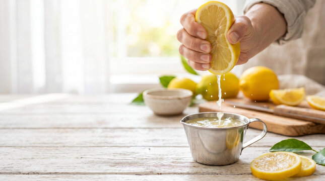 Freshly squeezed lemon juice being extracted into a metal cup  