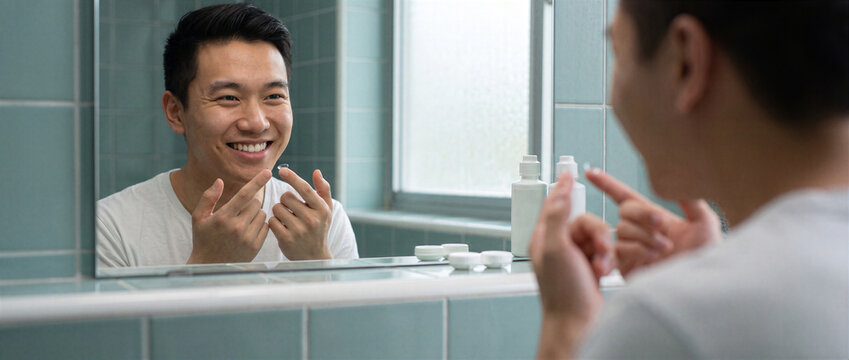 Asian man holding contact lens at bathroom mirror