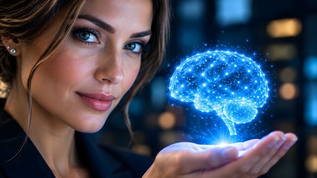 Artificial intelligence digital brain concept, businesswoman holding glowing neural network hologram, futuristic cognitive computing and machine learning