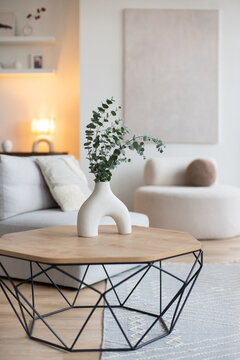 Modern interior with chair and trendy furniture, Home staging and minimalism concept, Minimal Scandi interior design