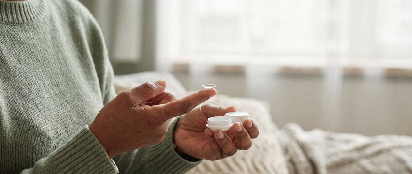 Close up of hands holding contact lens and case