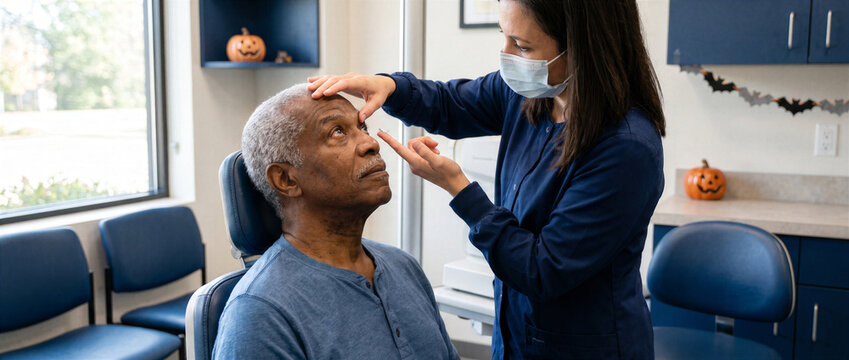 Optometrist fitting contact lens for senior man at Halloween