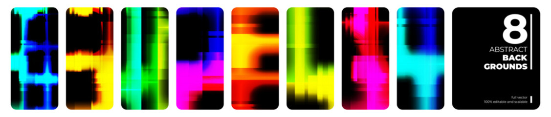 Fototapeta premium Futuristic Abstract Backgrounds Set with vibrant blurred colorful gradients for modern creative graphic design. Color distortion and glitch aesthetic. Vector illustration.